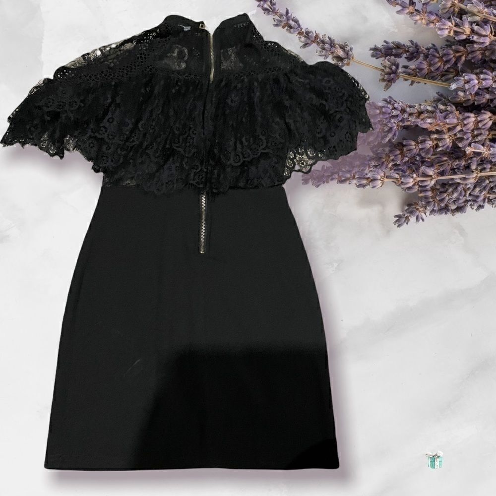 Black Small Fashion Nova Mini Dress with Lace Shoulder Cape - Picture 3 of 4